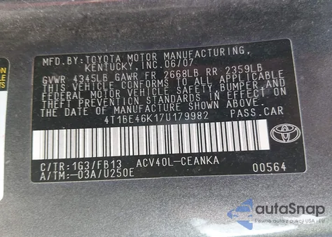 2007 Toyota Camry Le из США, поврежденный, VIN 4T1BE46K17U179982